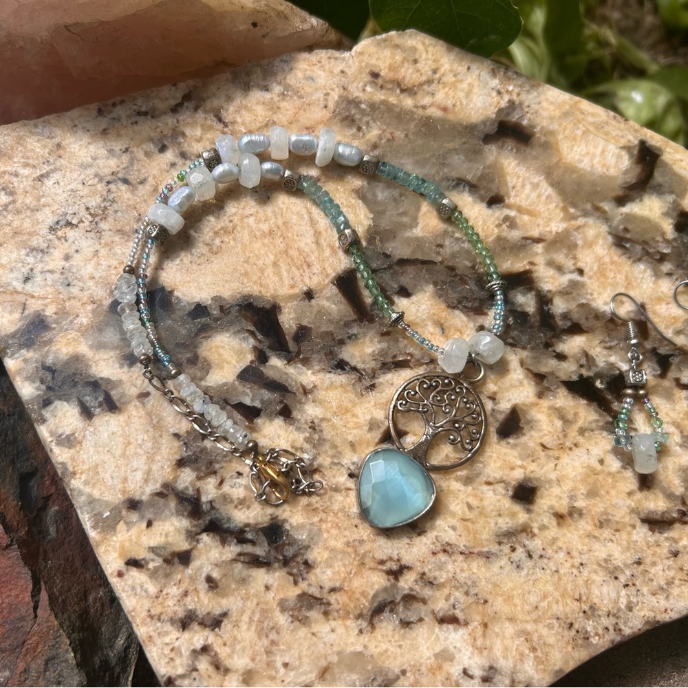 Pale blue and white Tree of Life Necklace and Earring Set